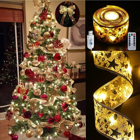 Christmas Tree Ribbon String Lights USB Plug in 32ft 100 LED 8 Modes Fairy Lights with Remote Ribbon Bows Lights for Party Weddings Xmas Tree Holiday Party Decoration