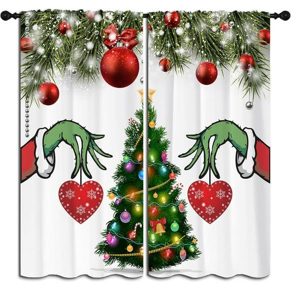 Christmas Tree Rod Pocket Blackout Curtains for Boy Girl Bedroom, Xmas Winter Snowflake Fir twigs and Red Love Heart Light Filtering Window Drapes for Living Room Home Decor Privacy, 42x63 inch