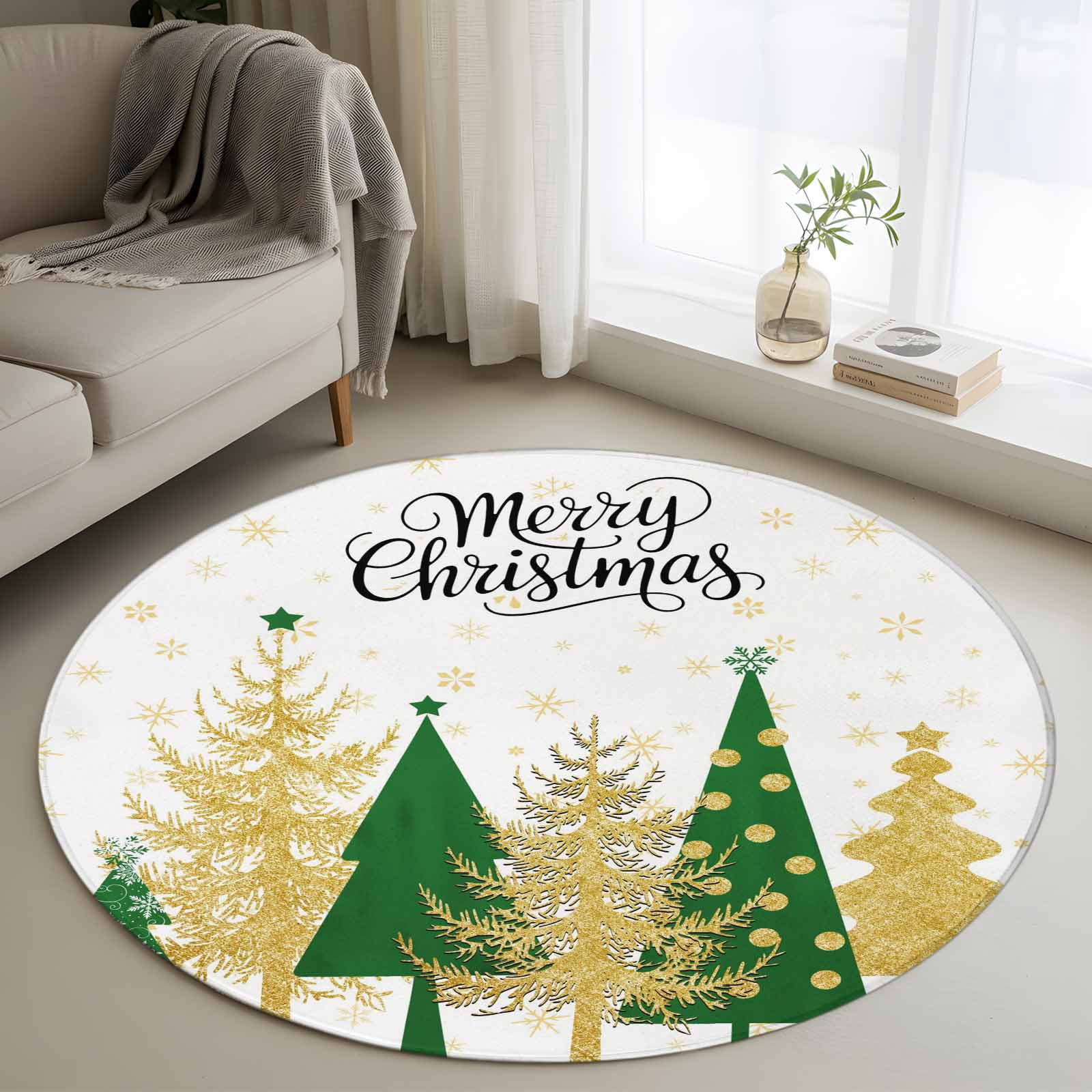 Xmas Tree Rug Christmas Tree Round Area Rugs 3 ft, Gold Green Tree Winter Snowflakes ...