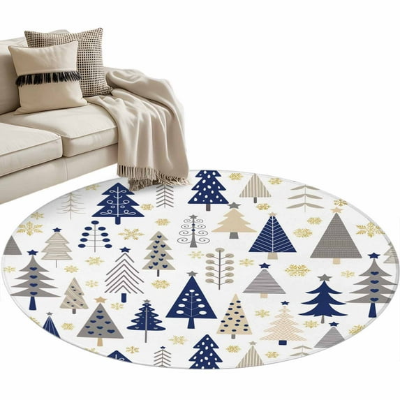 Christmas Tree Round Area Rug 3.3ft Snowflake Winter Blue Classic ...