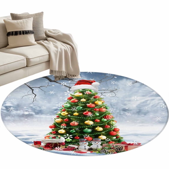 Christmas Tree Round Area Rug 3ft Red Hat Winter Snowflake Gift Snowman ...
