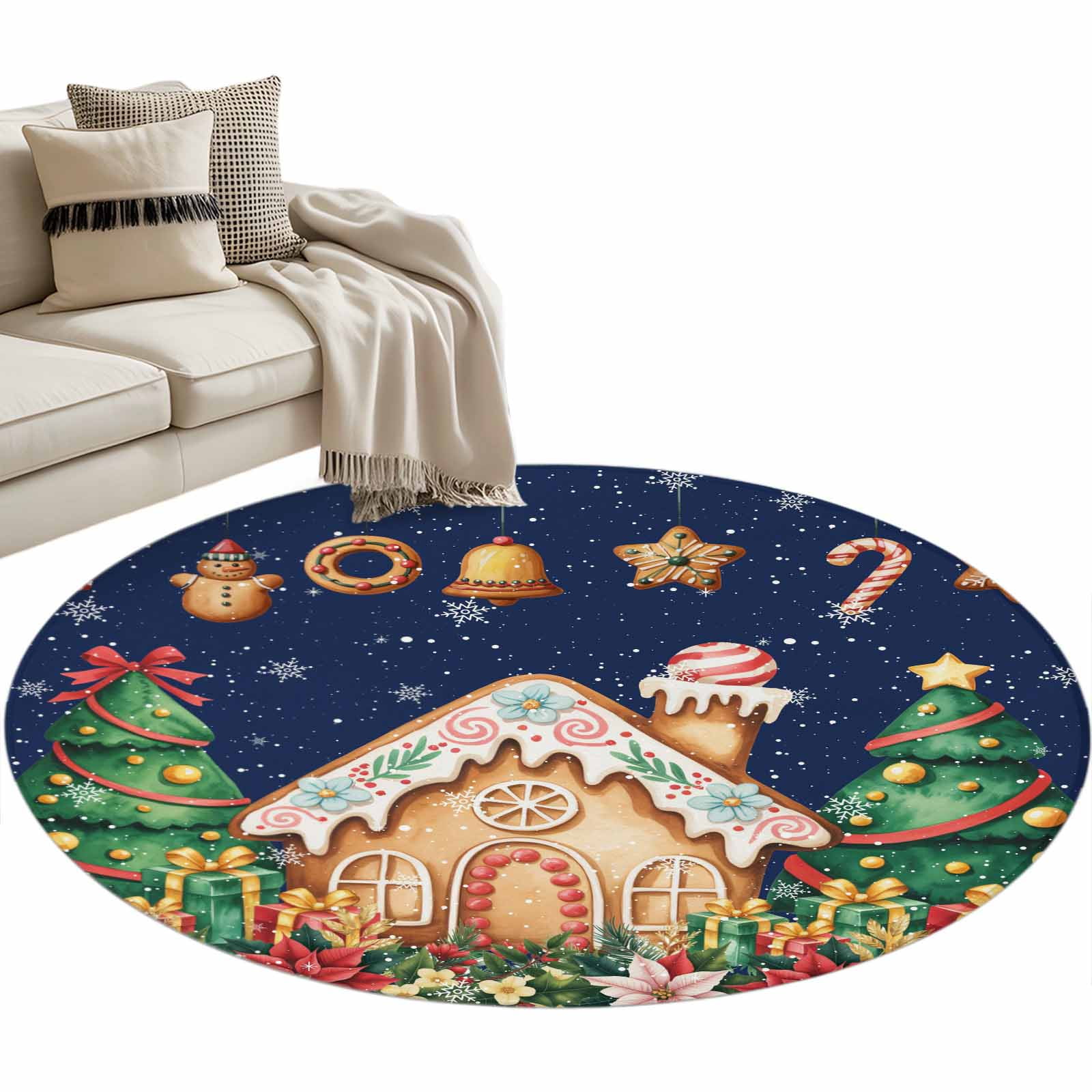 Christmas Tree Round Area Rug 4ft Gingerbread House Candy Flower Winter ...