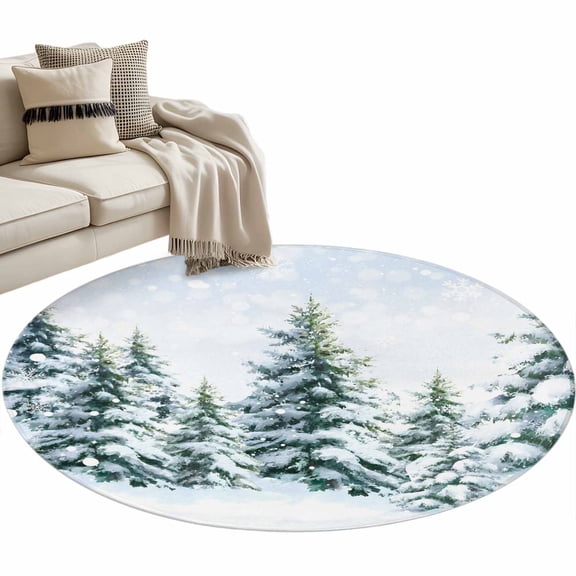 Christmas Tree Round Area&nbsp;Rug 4ft Winter Snow Scene Pine Trees Forest Farmhouse Non-Slip&nbsp;Washable Circle Rugs Soft Felt Indoor Floor Mat for Bedroom Kitchen Living Room Bathroom