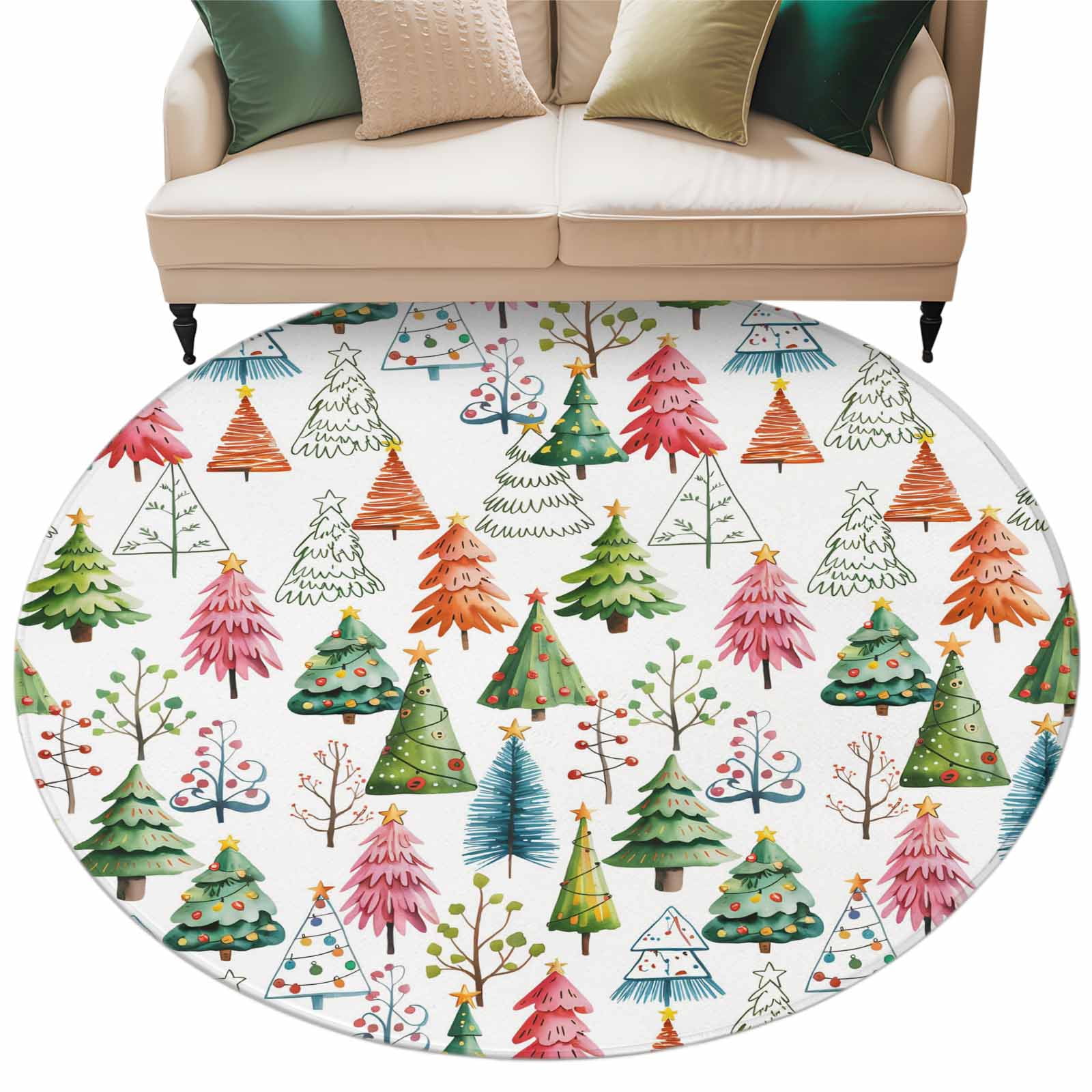 Christmas Tree Round Area Rug 5ft Green Pink Blue Trees Winter Plant ...