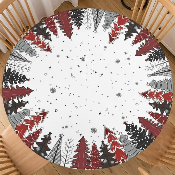 Christmas Tree Round Fitted Tablecloth Best for 48"-52" Xmas Black White Table Cloth Elastic Edge Round Water-Resistant Washable Snowflakes Table Cover for Party Picnic Camping Outdoor Indoor Decor