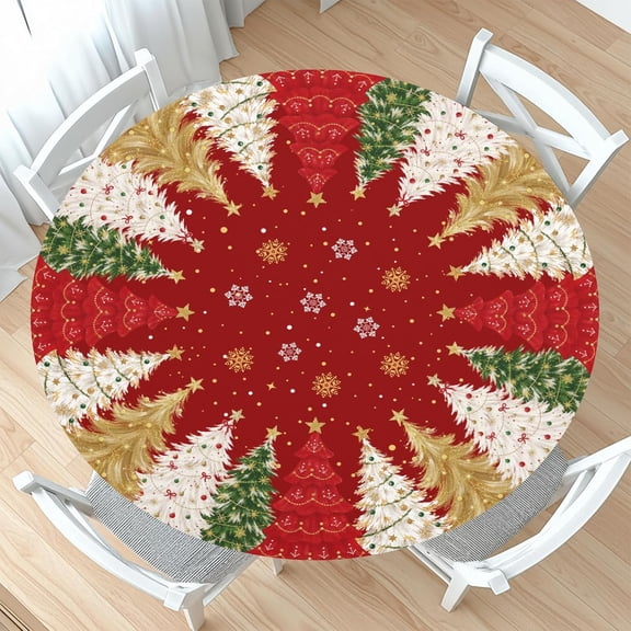 Christmas Tree Round Fitted Tablecloth with Elastic for 48-52" Tables Xmas | Red Snowflakes Trees Circle Table Cloth Winter Holiday Wipeable Washable Table Cover for Patio Party Dining Outdoor
