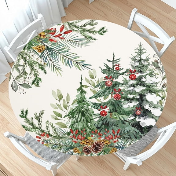 Christmas Tree Round Fitted Tablecloth with Elastic Green Winter Circle Table Cloth for 48-52" Round Tables Xmas Cardinal Berry Trees Table Cover Stretch Waterproof Tablecover for Outdoor