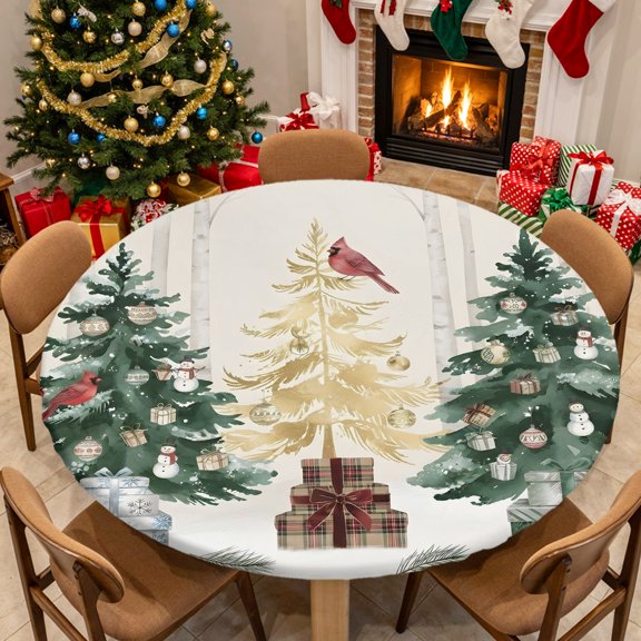 Christmas Tree Round Fitted Tablecloth Rustic Watercolor Green Gold Pine Trees Forest Elastic Table Cloth Waterproof Oil Proof Table Cover Fits 55"-60" Tables Round Tables for Party Picnic Decor