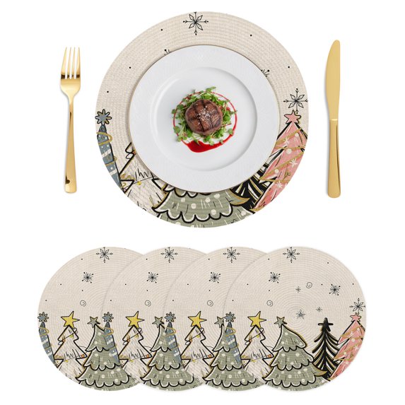 Christmas Tree Round Placemats Set of 4,Braided Polypropylene Place Mats,Rustic Pink Green Blue Xmas Tree Snowflake Washable Table Mats for Kitchen Dinner Holiday Wedding Party Coffee Table Decor 15"
