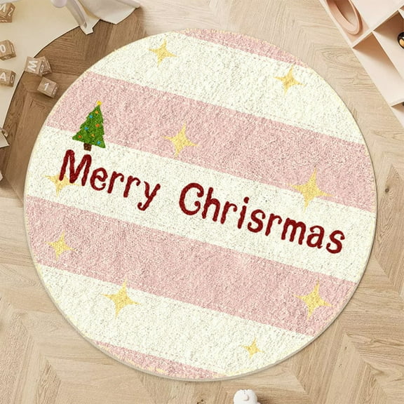 Christmas Tree Round Rug - 32" Non-Slip Holiday Doormat with Pink/Green Design, Machine Washable for Kitchen/Bathroom (Polyester Microfiber)‌