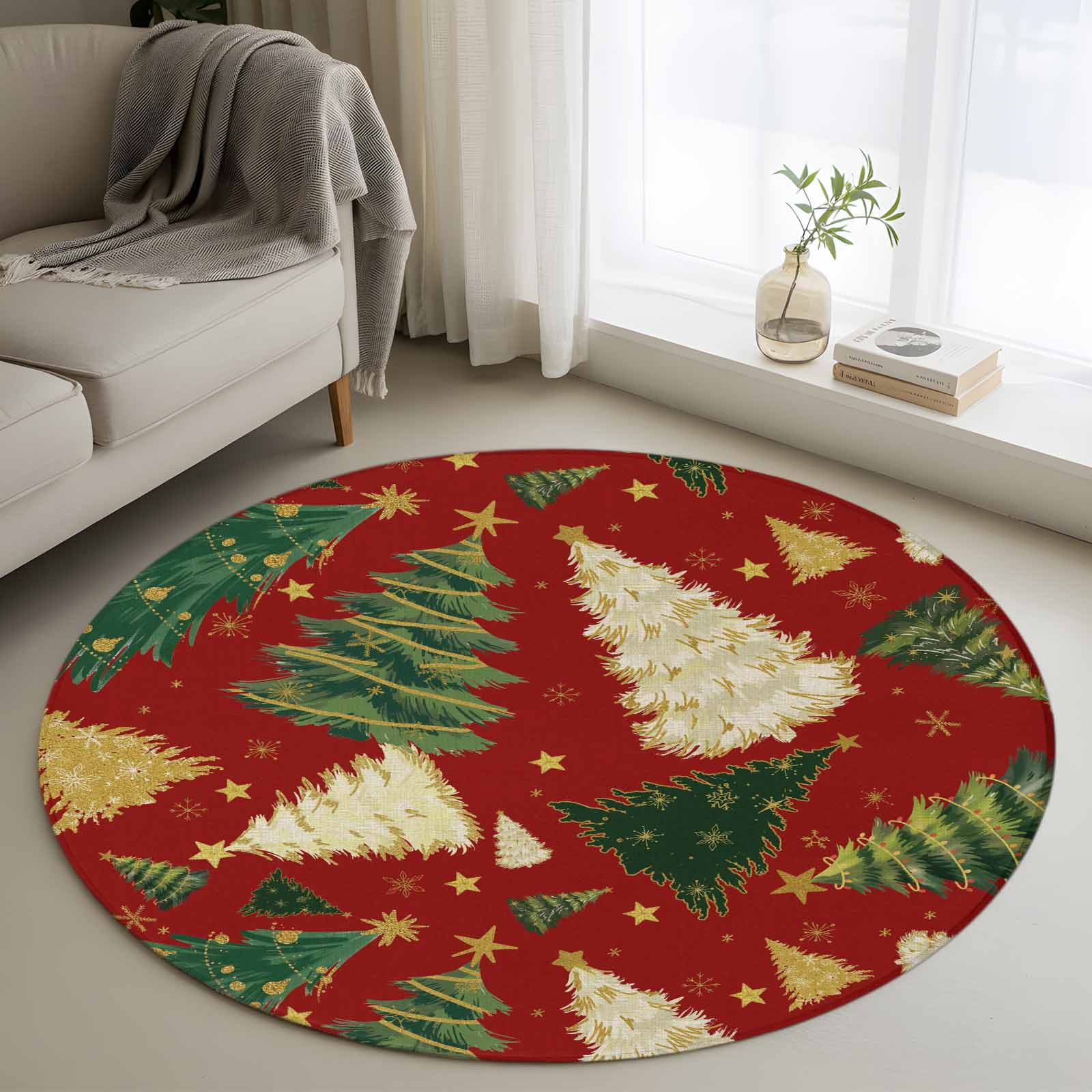 Christmas Tree Round Rug 3ft Washable Circle Entryway Rugs Non Slip Red ...