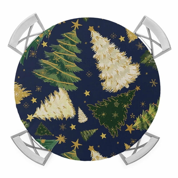 Christmas Tree Round Tablecloth for 36-44 Inch Tables, Fitted Table Cover with Elastic Edge, Navy Blue Green Xmas Tree Winter Waterproof Outdoor Table Cloth Protector for Patio Garden Dinner Picnic