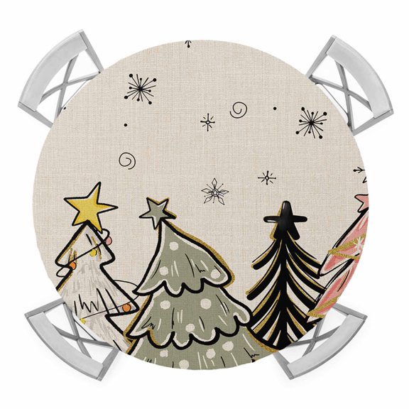 Christmas Tree Round Tablecloth for 36-44 Inch Tables,Fitted Table Cover with Elastic Edge,Rustic Pink Green Blue Xmas Tree Snowflake Waterproof Outdoor Table Cloth Protector for Patio Garden Dinner