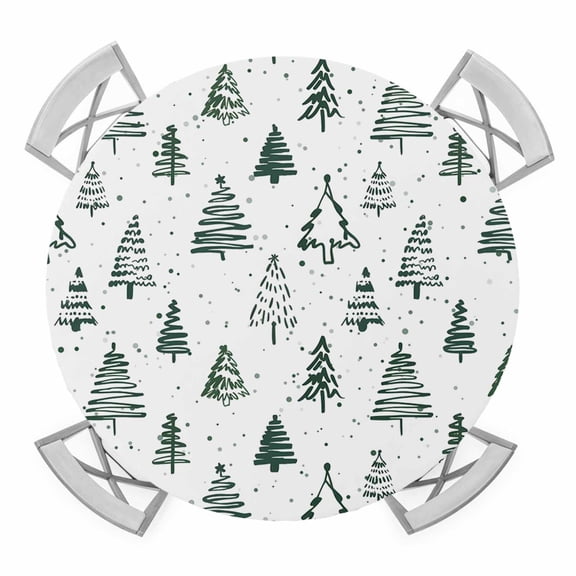 Christmas Tree Round Tablecloth for 36-44 Inch Tables,Fitted Table Cover with Elastic Edge,Xmas Green Cartoon Tree Snowflakes Farmhouse Waterproof Outdoor Table Cloth Protector for Patio Dinner