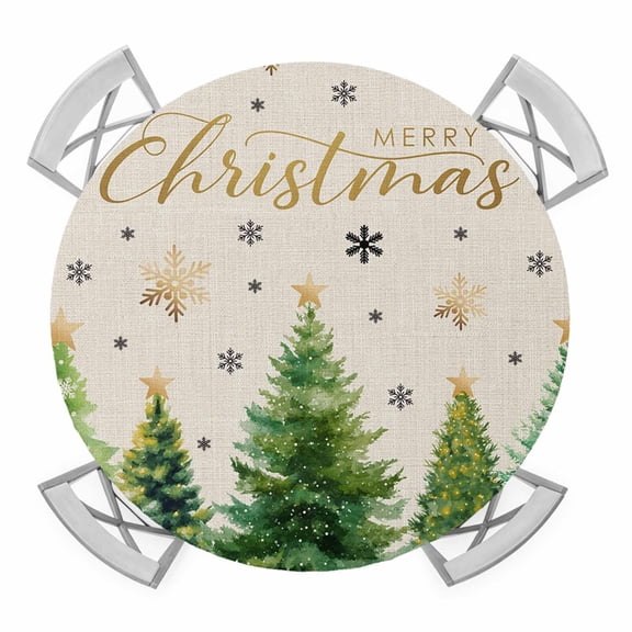 Christmas Tree Round Tablecloth for 45-54 Inch Tables,Fitted Table Cover with Elastic Edge,Winter Snowflakes Xmas Pine Tree Beige Waterproof Outdoor Table Cloth Protector for Patio Garden Dinner