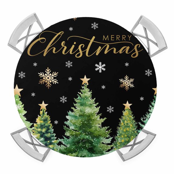 Christmas Tree Round Tablecloth for 55-60 Inch Tables,Fitted Table Cover with Elastic Edge,Winter Snowflakes Xmas Pine Tree Black Waterproof Outdoor Table Cloth Protector for Patio Garden Dinner