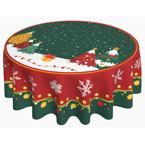 Christmas Tree Round Tablecloth 60 Inch, Snowflake Decorations Round Table Cloth for Xmas Holiday Picnic Party Indoor Outdoor