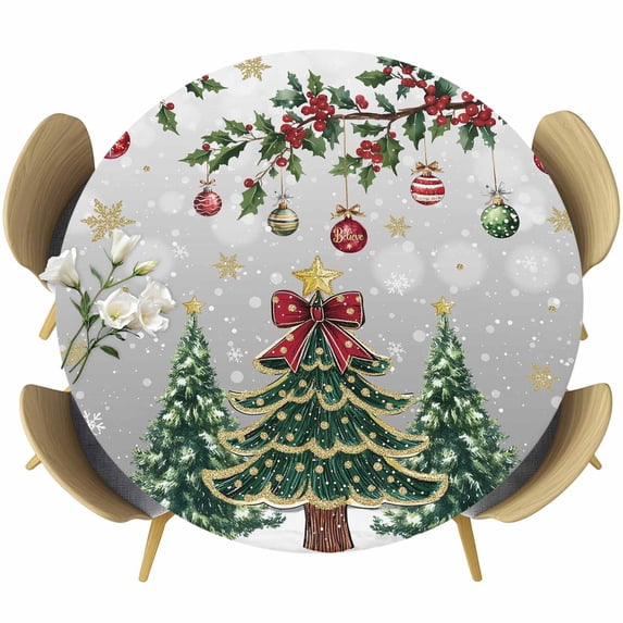 Christmas Tree Round Tablecloth, Fitted Table Cover with Elastic for 36"-44" Round Tables, Grey Retro Winter Ball Berry Snowflakes Table Cloth Outdoor Indoor Dinning Party Waterproof Tablecloths