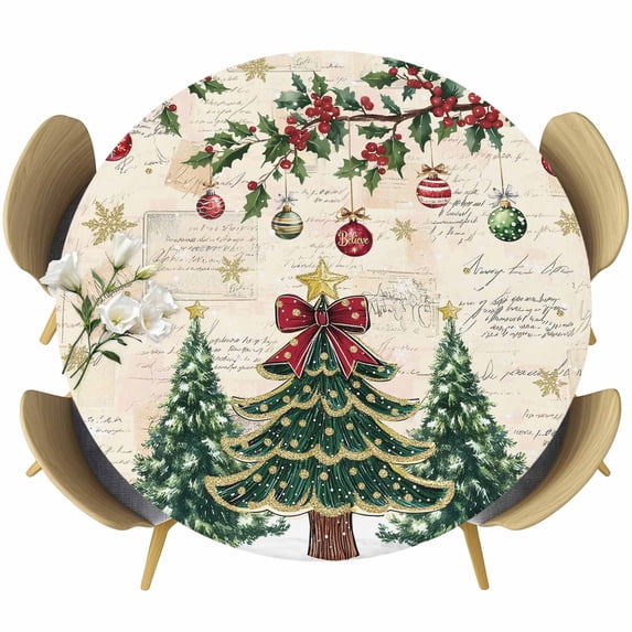 Christmas Tree Round Tablecloth, Fitted Table Cover with Elastic for 45"-54" Round Tables, Farmhouse Winter Ball Berry Snowflakes Table Cloth Outdoor Indoor Dinning Party Waterproof Tablecloths