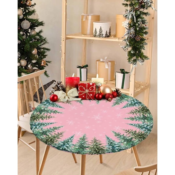 Christmas Tree Round Tablecloth Pink Fitted Table Cover with Elastic Edge,Winter Snow Xmas Waterproof Table Cloth Washable Table Covers for Kitchen Dining Party Indoor Outdoor 36-44 Inch