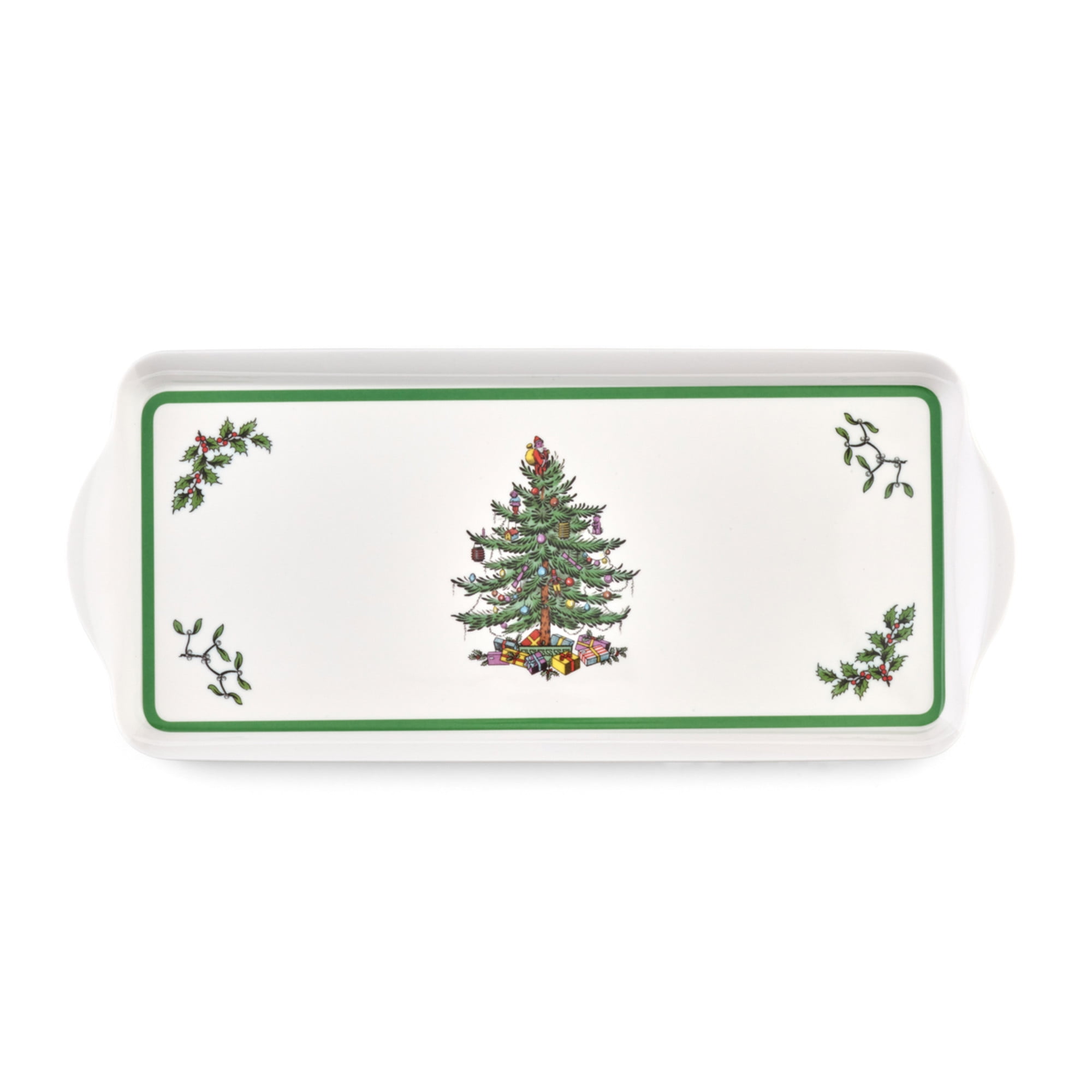 Festive Green-Banded Christmas Tree Melamine Sandwich Tray - 15.1 x 6.5 Inches