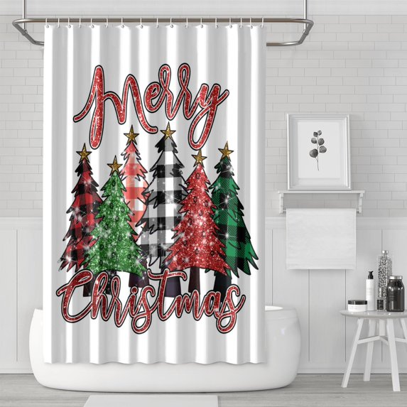 Christmas Tree Santa Claus Shower Curtains,Washable Bath Curtain with Hooks Vintage Polyester Fabric Bathroom Curtains for Halloween Thansgiving Christmas Hotel Dorm