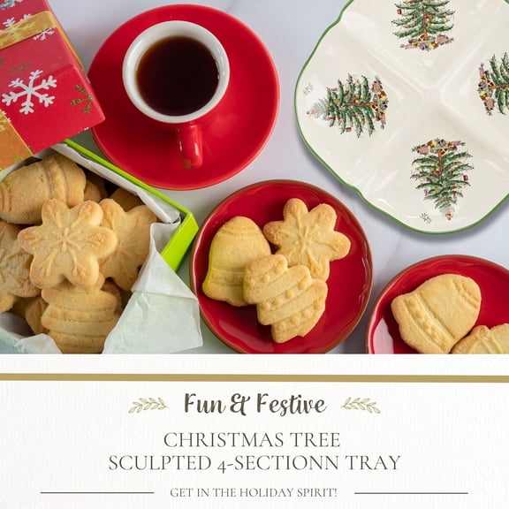 Christmas Tree Sculpted 4-Section Tray - Fine Porcelain Holiday Serveware for Snacks, Condiments, Appetizers