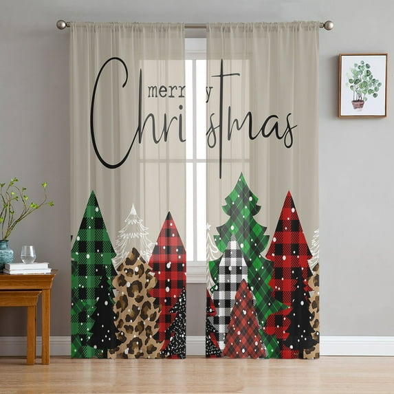 Christmas Tree Semi Sheer Curtains 63 Inch Length 2 Panels Set,Xmas Tree Green Red Black Plaid Leopard Beige Sheer Kitchen Curtain Voile Window Curtain for Living Room Bedroom Rod Pocket Drapes
