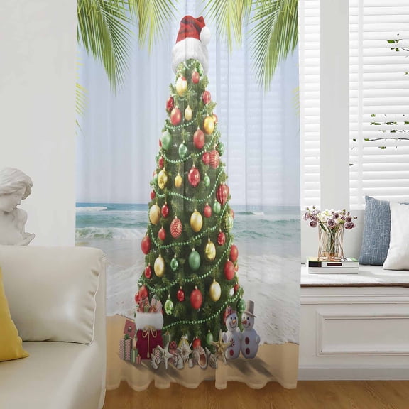 Christmas Tree Semi Sheer Curtains Drapes for Living Room,Bedroom,French Doors Window 45 Inches Long,Summer Beach Palm Leaves Snowman Conch Starfish Rod Pocket Chiffon Curtain Voile Drapery Panel