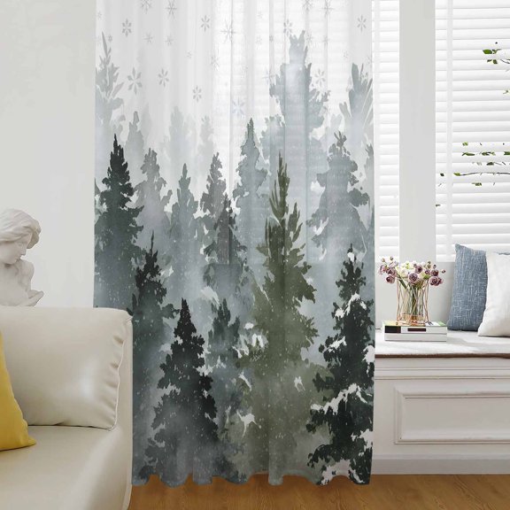 Christmas Tree Semi Sheer Curtains Drapes for Living Room, Bedroom, French Doors Window 54 Inches Long, Winter Snowflake Retro Green Forest Rod Pocket Chiffon Curtain Drapery Voile Draperies Panel