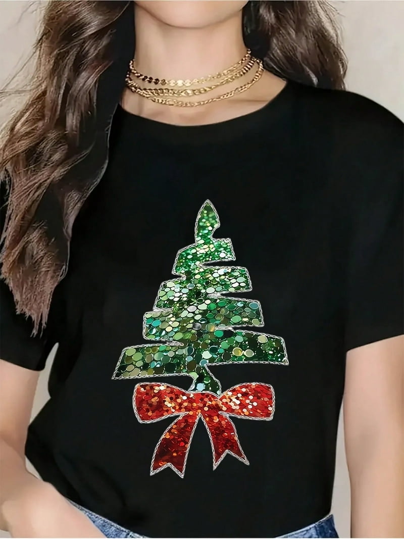 Christmas Tree Sequin T-Shirt Women's Holiday Sparkle Top Festive