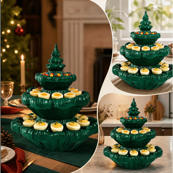 Christmas Tree Serving Platter, 3-Tier Party Food Display Stand for Holiday Hosting, Deviled Egg & Candy Tray, 1PC Green