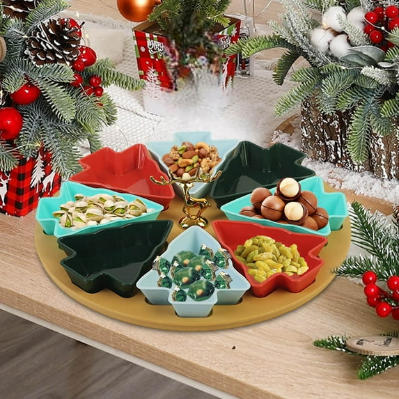 Christmas Tree Serving Platter with 8 Compartments - Novelty Shaped Holiday Party Tray for Fruits, Vegetables, Snacks, Appetizers, Festive Dining and Christmas Celebrations