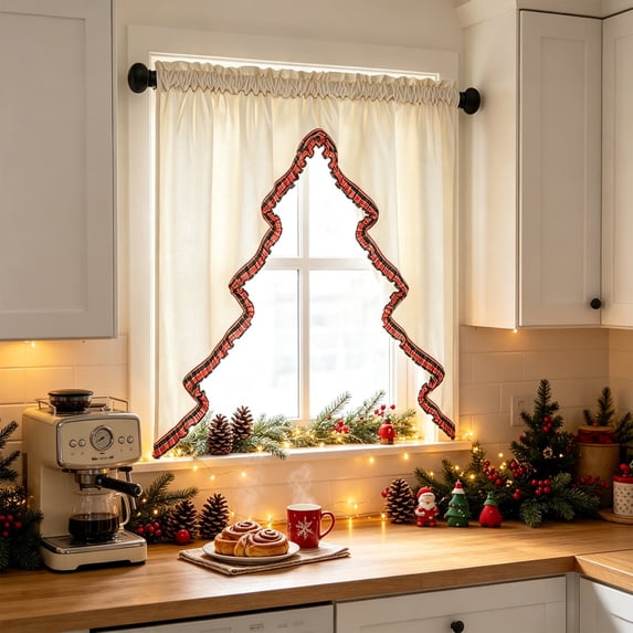 Christmas Tree Shape Swags Valance Curtains, Tassel Fringe, Rod Pocket, Light Filtering Fabric, Farmhouse Kitchen Window Treatment