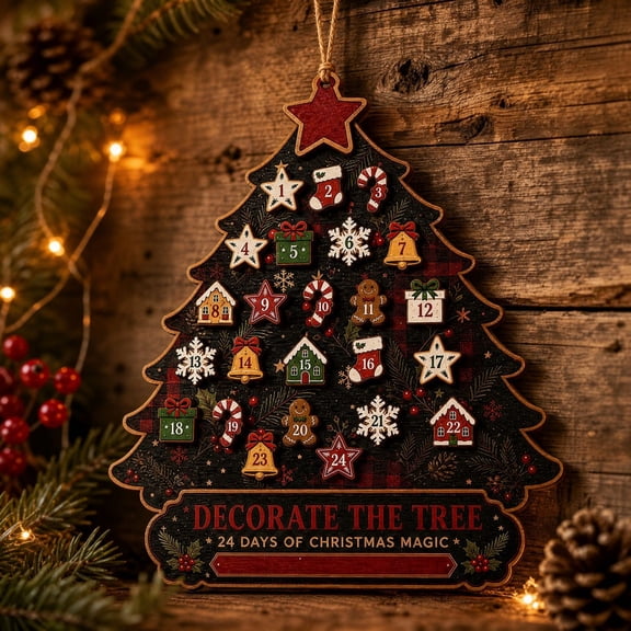 Christmas Tree Shaped Advent Calendar, 24-Day Holiday Countdown Wall Hanging with Festive Ornament Pieces, Decorate-the-Tree Christmas Calendar for Wall and Home Display