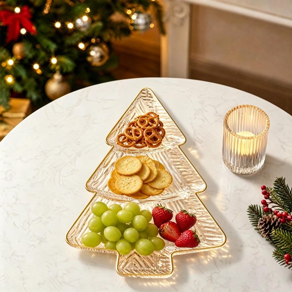 Christmas Tree Shaped Divided Snack Tray, Decorative Wire Fruit Platter for Holiday Party Table Decor.