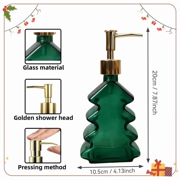 Christmas Tree-Shaped Glass Hand Soap Dispenser - 10.14Oz Refillable Container for Hand Soap, Shampoo, and Shower Gel