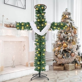 Christmas Tree Shaped Like a Cross, Foldable 5ft PVC Cross Shaped Christmas Artificial Tree with a String Lights and White Silk Scarf, Wooden Rattan Ring for Easter Xmas Decor