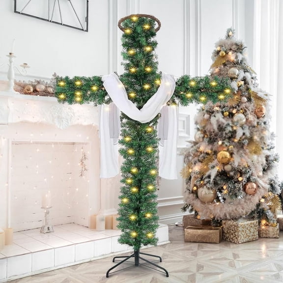 Christmas Tree Shaped Like a Cross, Foldable 5ft PVC Cross Shaped Christmas Artificial Tree with a String Lights and White Silk Scarf, Wooden Rattan Ring for Easter Xmas Decor
