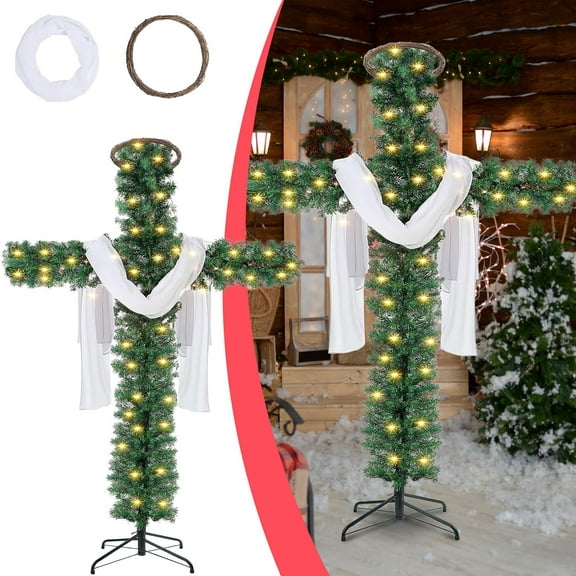 Christmas Tree Shaped Like a Cross, Foldable Cross Christmas Tree, 5-6 Ft with LED Light strips and White Scarves, Christmas balls Decor,Pre Lit Artificial Pine Christmas Cross Tree(6Ft)