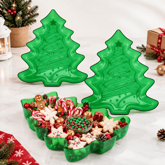 Christmas Tree Shaped Plastic Serving Platters, Green, Set of 2