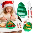 thumbnail image 1 of Christmas Tree Shaped Serving Tray with Spoon and Fork, 3-Compartment Divided Appetizer Platter with Suction Base, Christmas Holiday Party 4-Piece Tableware-Set for Kids, 1 of 6