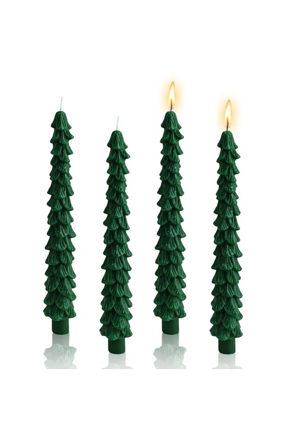 Christmas Tree Shaped Taper Candles, 9.8 Inch Unscented Tree Candle Decorative Christmas Tree Candles Gift for Christmas Festival Celebration Decor, 4PCS, Dark Green Y101