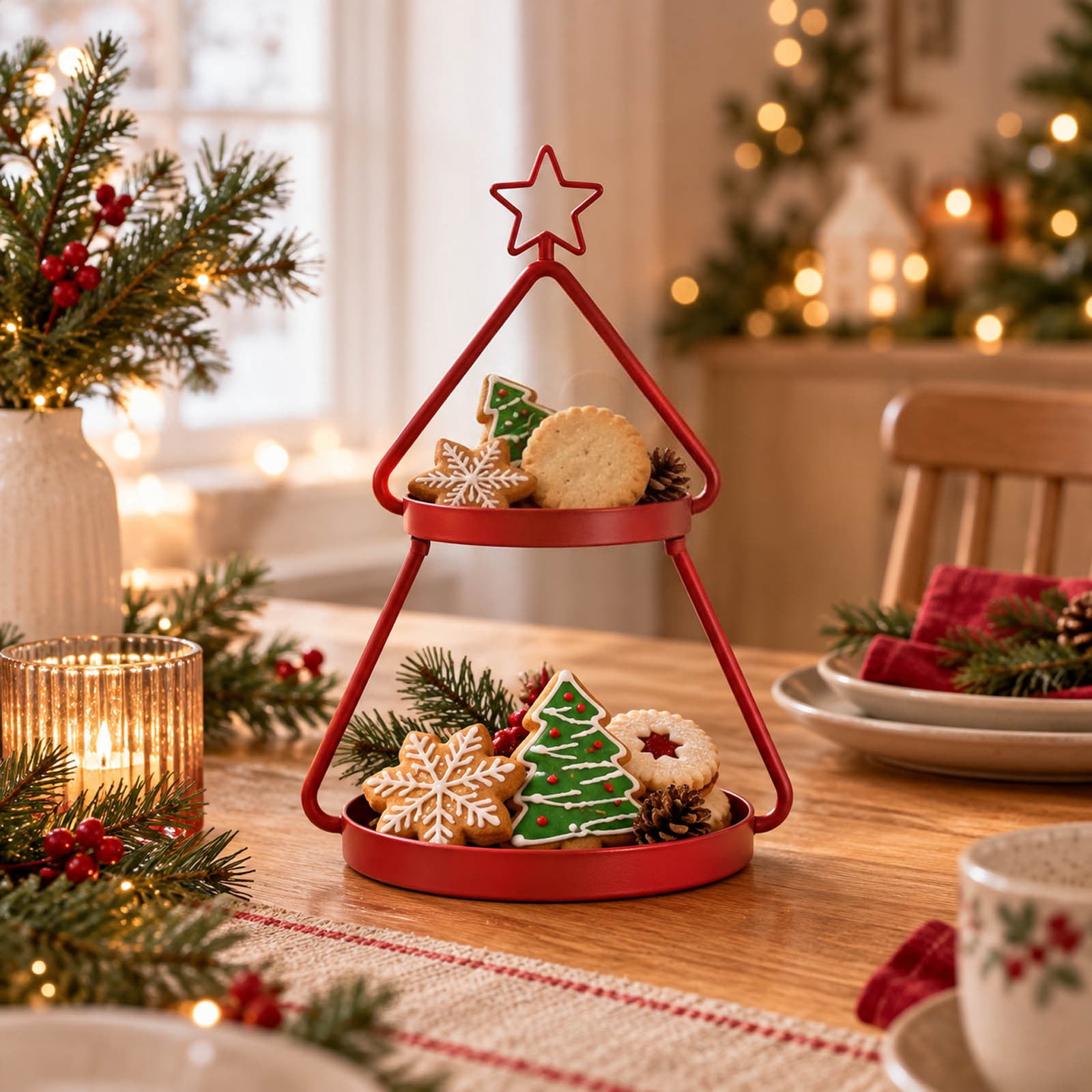 Christmas Tree Shaped Tray Stand, Two Tier Metal Dessert Rack, Cupcake ...