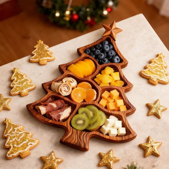 Christmas Tree Shaped Wooden Serving Tray, Christmas Tree Charcuterie Board, 7 Grids Wooden Christmastree Platter, Rustic Food Dish Plate Serving Platter for Appetizers, Cheese, Fruits, Snacks