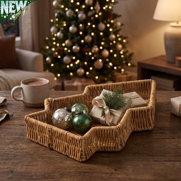 Christmas Tree Shaped Woven Serving Tray,Hand Braided Rattan Style Basket, Festive Christmas Tabletop Decoration Organizer for Holiday Snack Trinket Cosmetic Small Item Display Ornaments