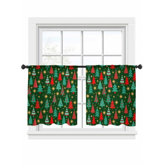 Christmas Tree Sheer Curtains 54 inches Long, Stripe Polka Dots Pine Trees Stars Modern Green Light Filtering Sheer Window Curtains Rod Pocket Voile Drapes for Bedroom Living Room, 2 Panels 52"Wx54"L