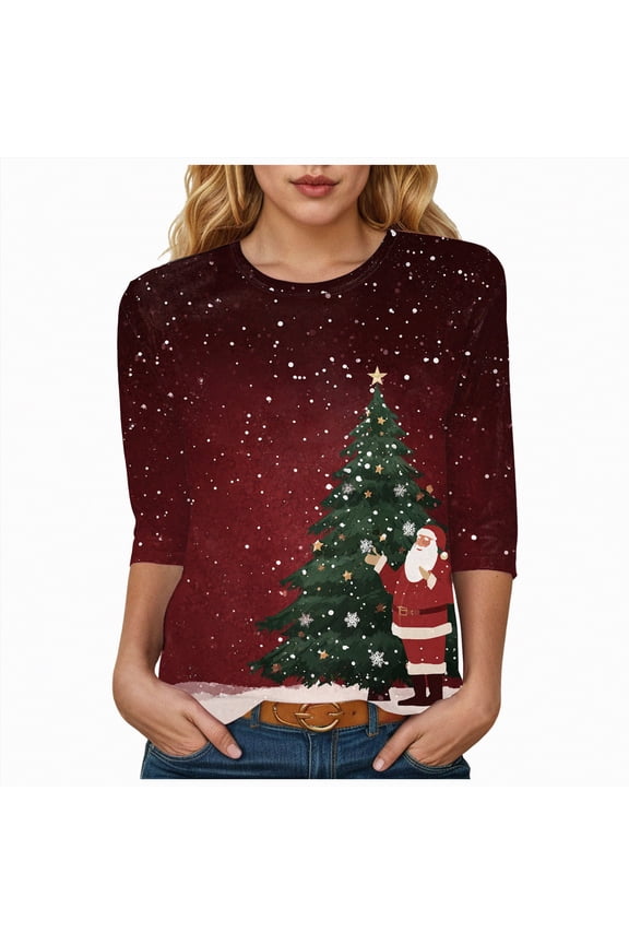 Christmas Tree Shirt Christmas Shirts for Women 3/4 Sleeve Tunic Tops Glitter Xmas Tree Print Tshirt Crewneck Pullover Blouses Gifts Tees Brick Red,L