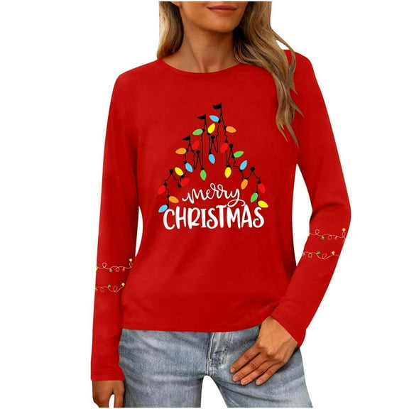 Christmas Tree Shirt Women Christmas Embroidered Trees Long Sleeve Shirts Gift Xmas Graphic Tee Tops