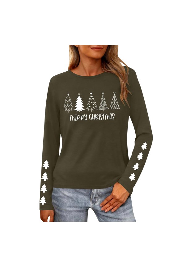 Christmas Tree Shirt Women Christmas Embroidered Trees Long Sleeve Shirts Gift Xmas Graphic Tee Tops